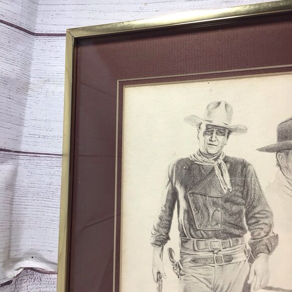 Vintage 1975 Glen Base John Wayne Pencil Sketch Art Framed - Picture 2 of 16